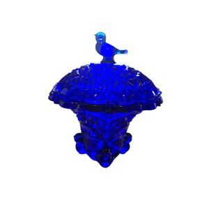 Vintage Cobalt Blue Hofbauer Glass Candy Trinket Dish With Bird Lid 5.5" X6"